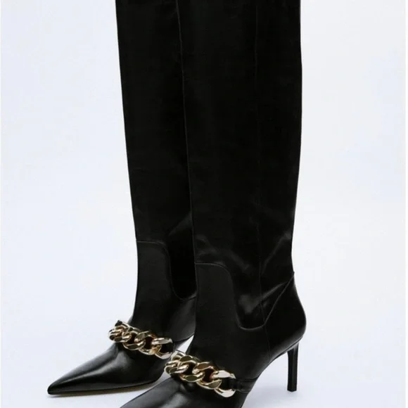 Zara Heeled Leather Knee High Boots With Chain Detail - Picture 3 of 16